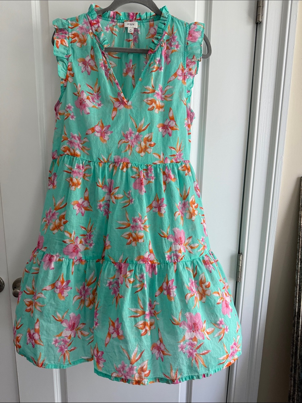 J. Crew Aqua Floral Tiered  Bathing Suit Cover-Up with  Pink & Orange Blooms